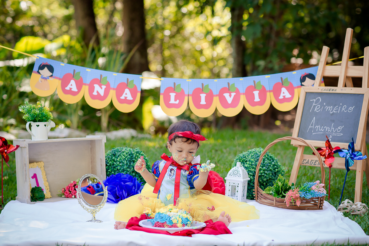 Para o smash the cake, a mamãe escolheu o tema da Branca de Neve, que foi o mesmo da festinha dela.

A mamãe Bianca preparou um bolo bem colorido para Ana Lívia se deliciar na sua sessão de fotos

E foi um dia de muita bagunça no parque