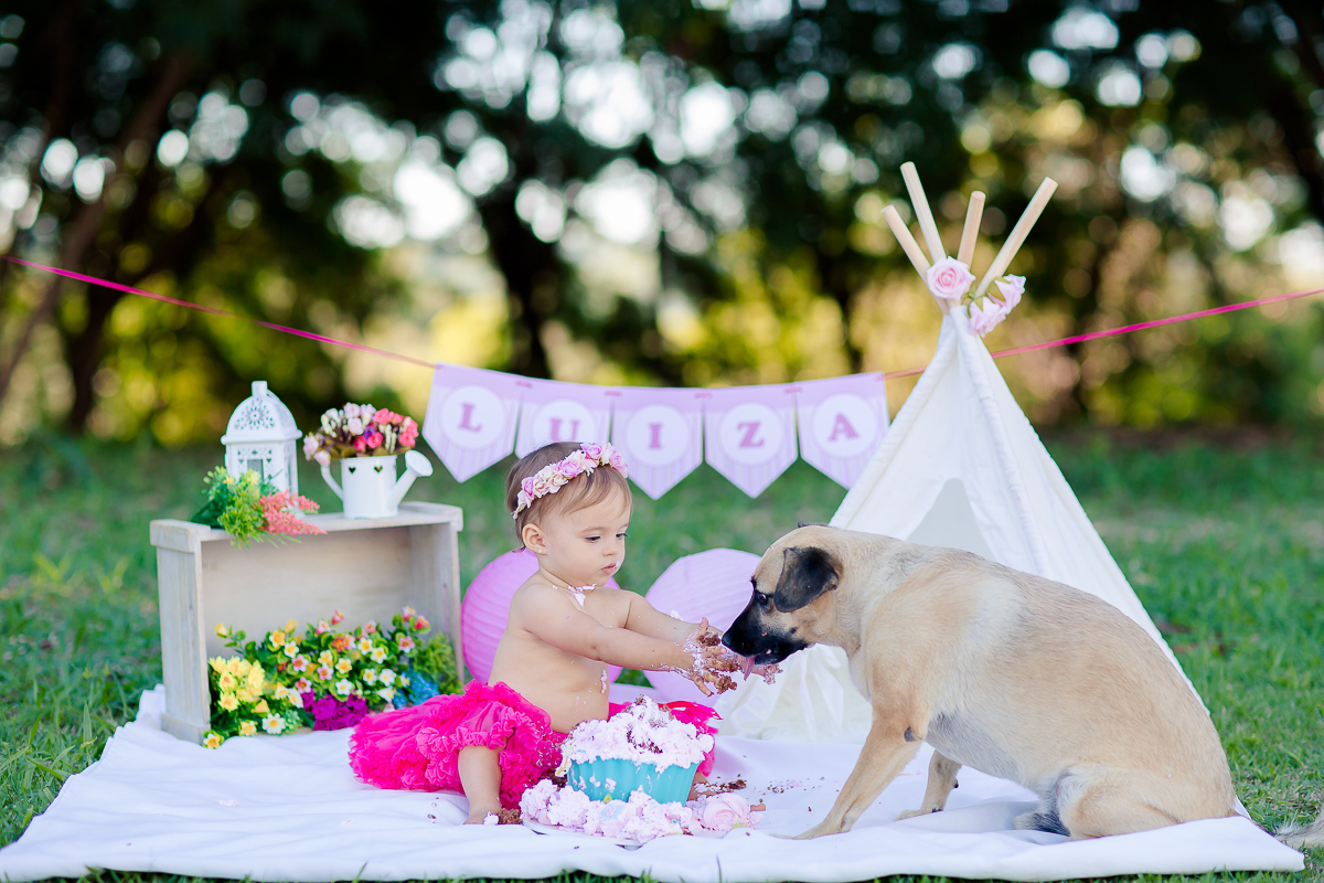 a Luiza completou seu 1º aninho, e encerramos seu acompanhamento  com um lindo smash the cake que teve a participação especial do Duque de Wellington o filhote de 4 patas ❤
A Luiza adorou se melecar, o Duque então nem se fale queria devorar o bolo