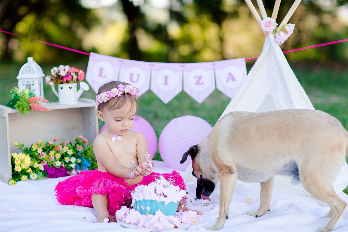 a Luiza completou seu 1º aninho, e encerramos seu acompanhamento  com um lindo smash the cake que teve a participação especial do Duque de Wellington o filhote de 4 patas ❤
A Luiza adorou se melecar, o Duque então nem se fale queria devorar o bolo