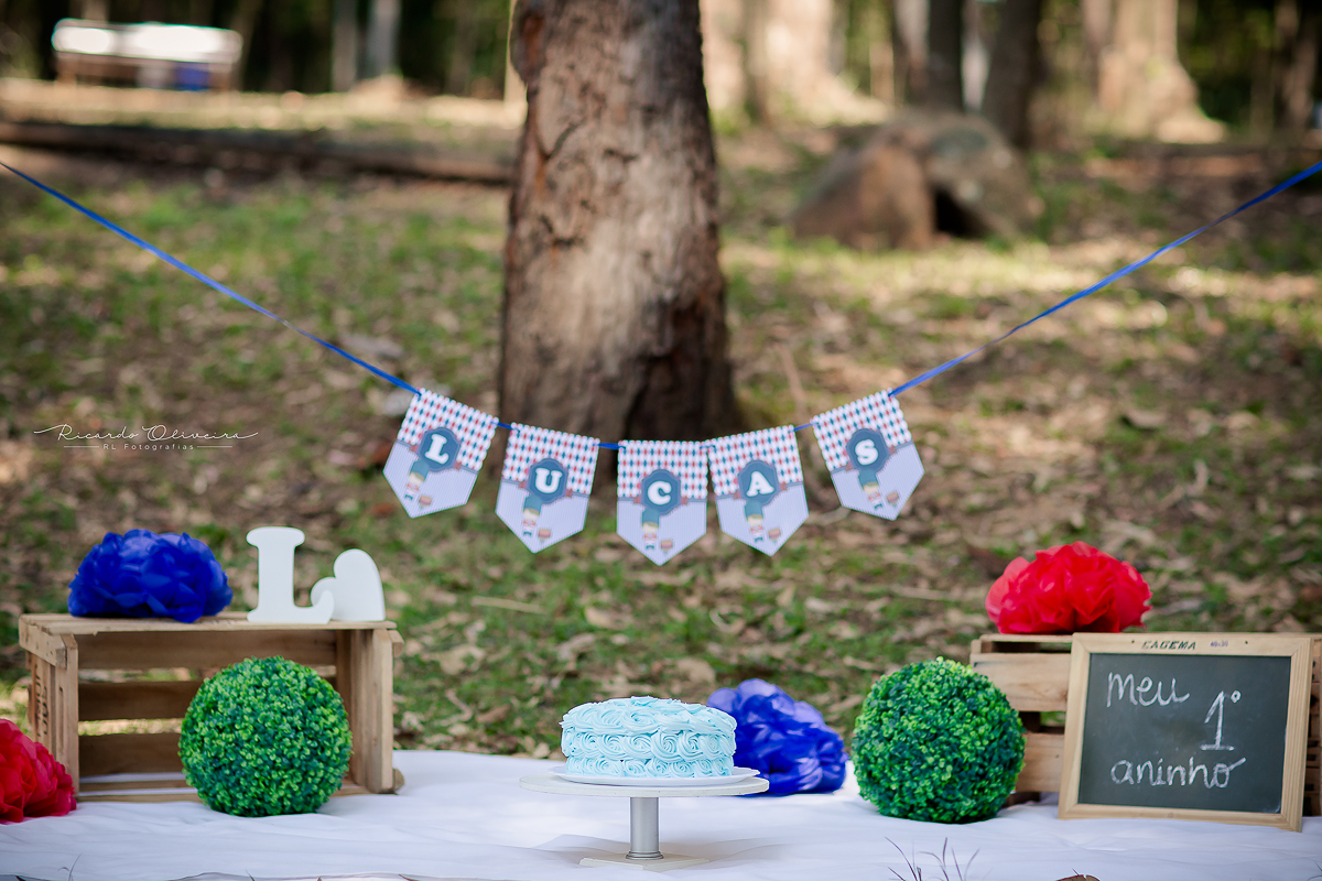 Cenário preparado para o smash the cake do lucas com a roupa do soldadinho de chumbo