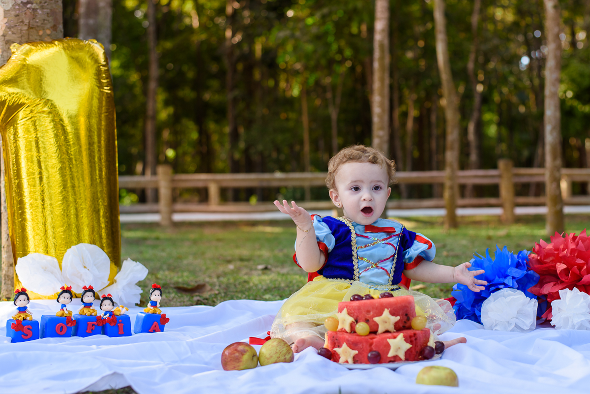 ensaio infantil, sessão fotográfica externa com a princesa Sofia. Smash the fruit com muita diversão e alegria. Fotos feitas em Vitória.