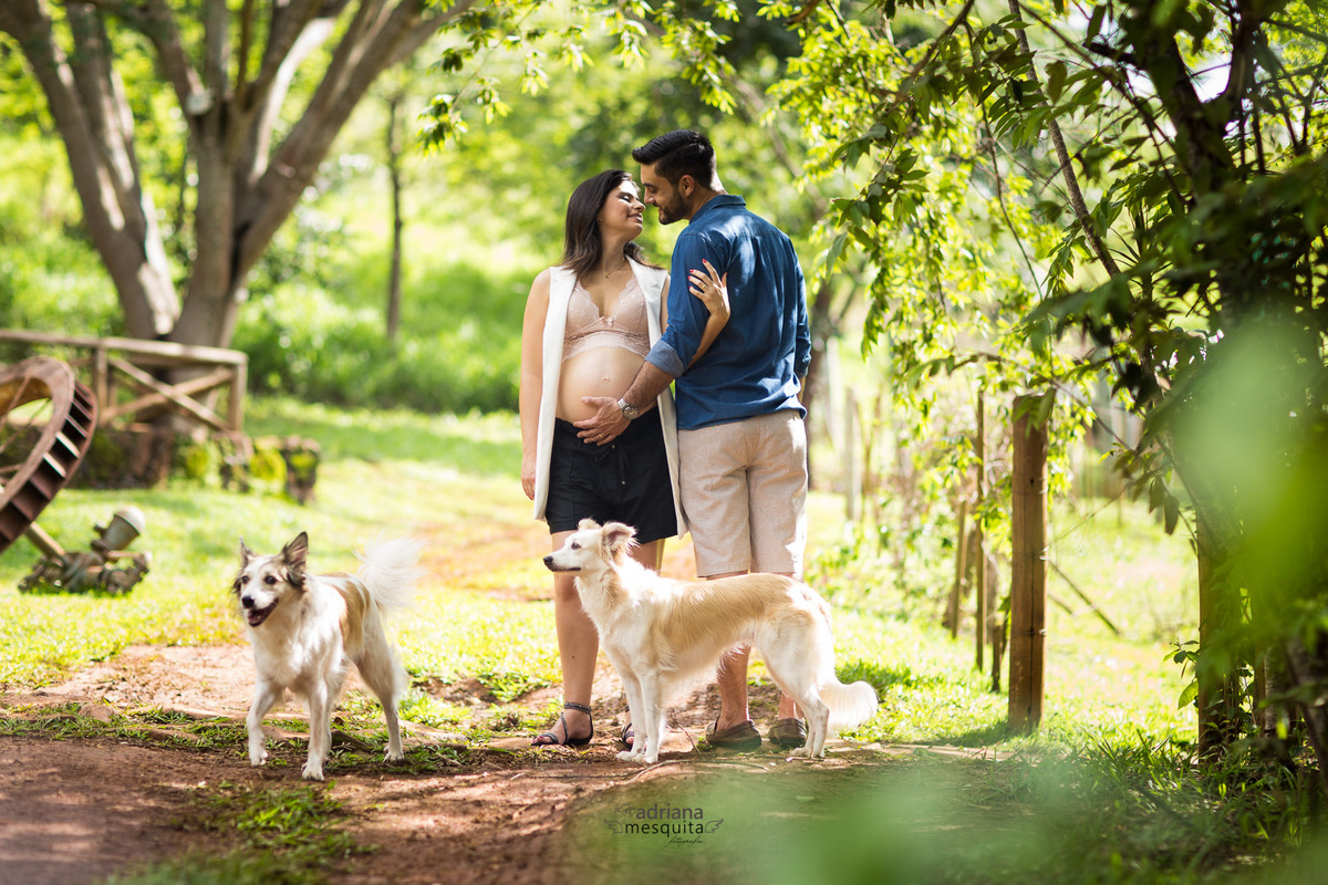 Ensaio Externo de Gestante com Cães, da Patricia e Rodrigo na Fazenda Queda D'Agua em Araguari, registro pela fotografa Adriana Mesquita