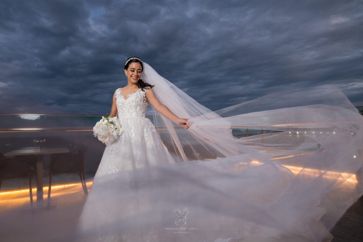 Making of da noiva véu voando cobertura paisagem praia