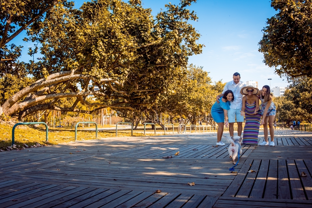 ensaio família com pet parque árvore céu azul  árvores