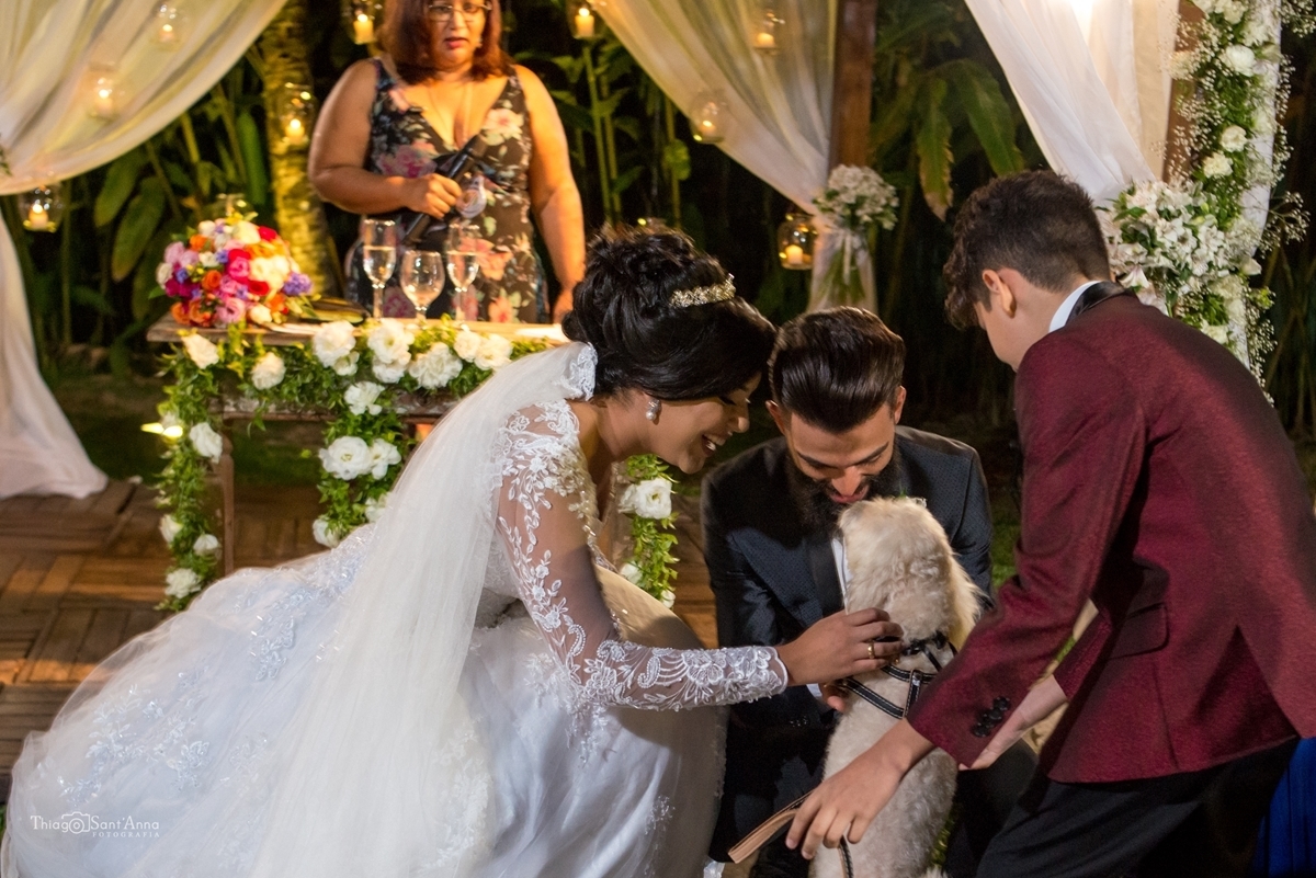 Cãozinho cumprimentando os noivos na cerimônia