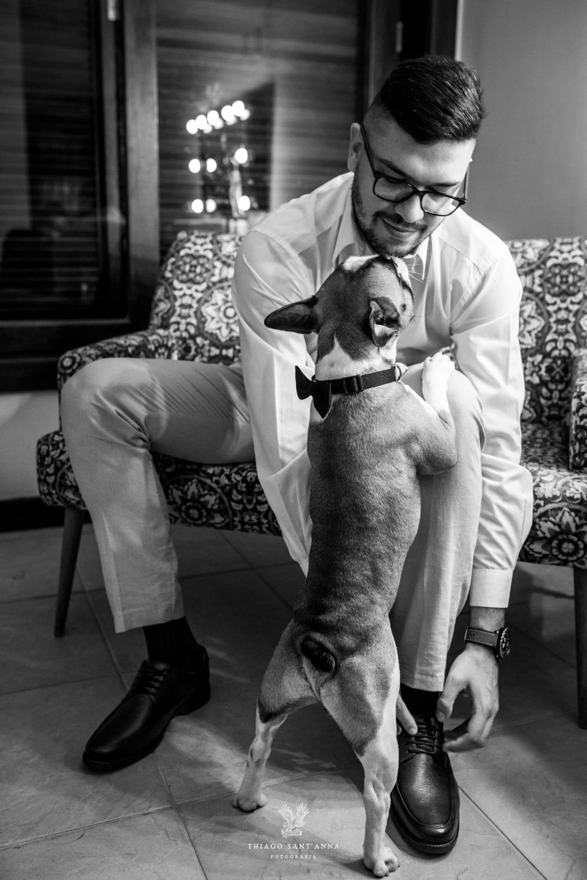 noivo se prepara casamento pet grava borboleta