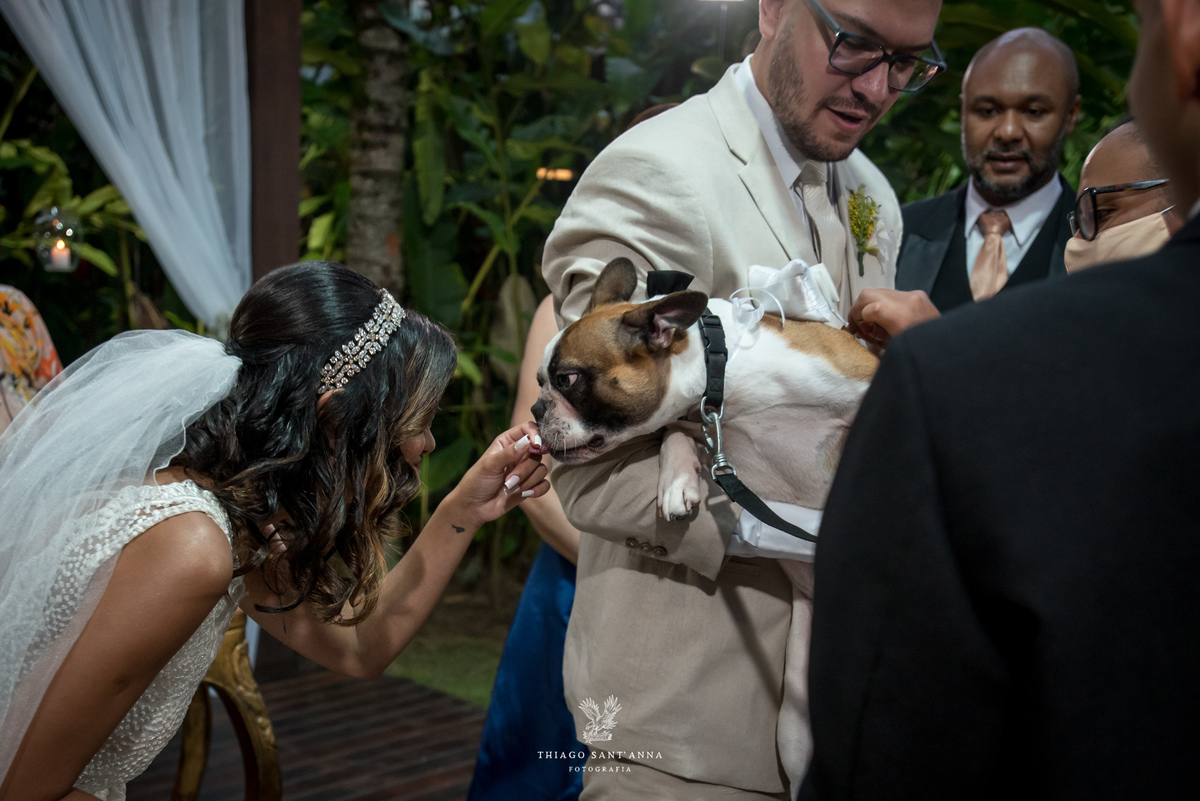 noiva acaricia pet do casal no altar