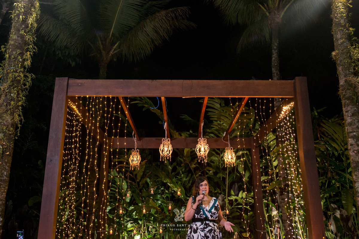 cobertura desfile estrutura madeira luminárias luzes ambiente externo vegetação palmeiras 