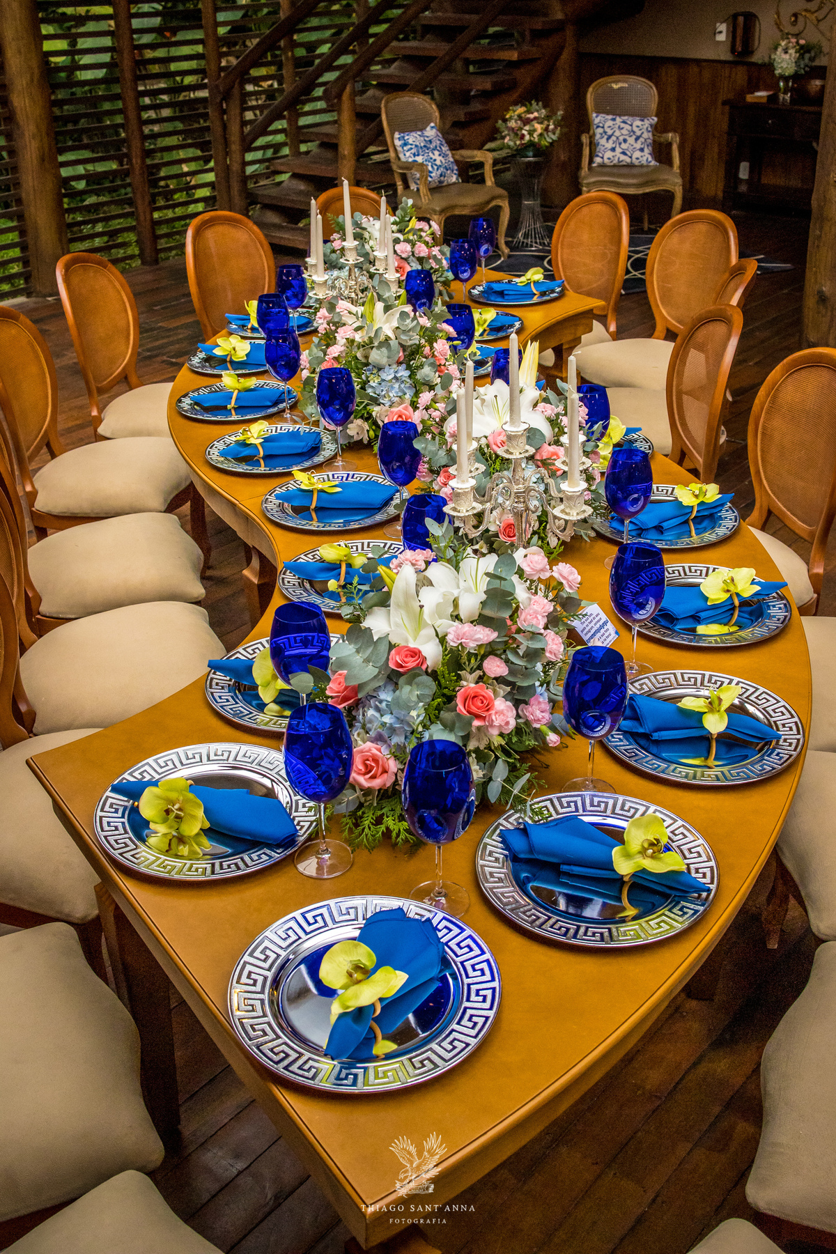 mesa de jantar decoração festa casamento azul rosa e amarelo