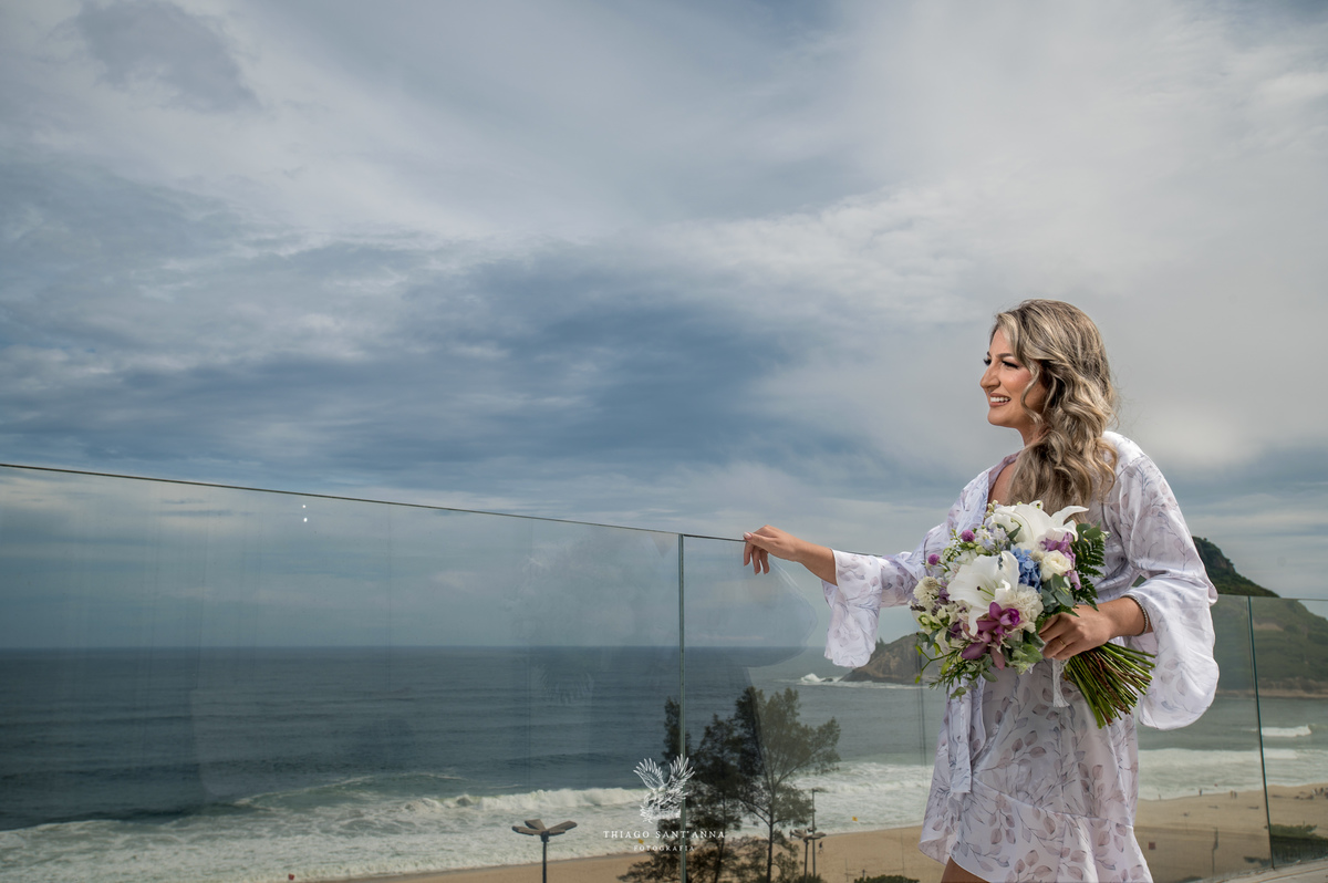 Making of noiva buquê paisagem praia