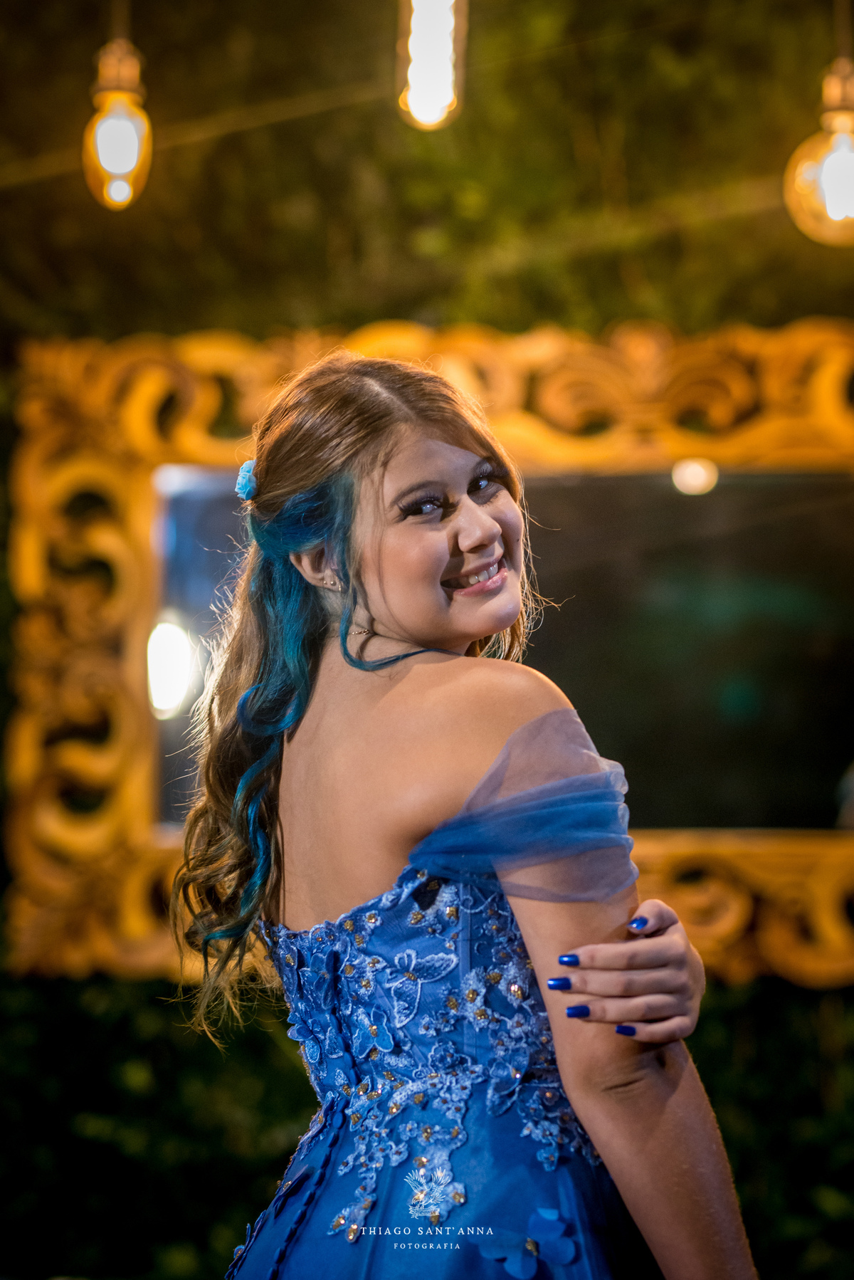 Festa aniversário debutante borboletas vestido azul