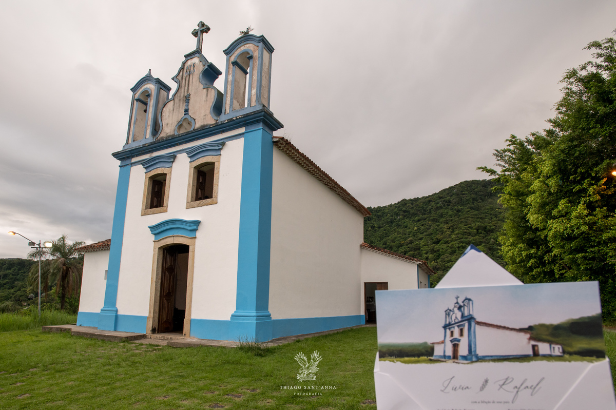 Capela Nossa Senhora de Montserrat e convite de casamento em aquarela