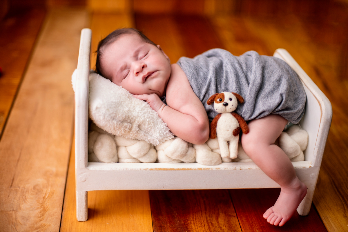 newborn coberto de bruços na caminha com cachorro de pelúcia
