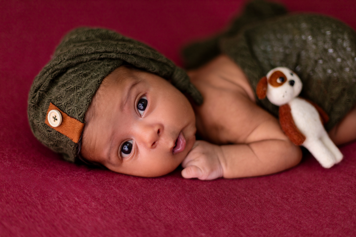 newborn de bruços coberto com gorro e cachorro de pelucia
