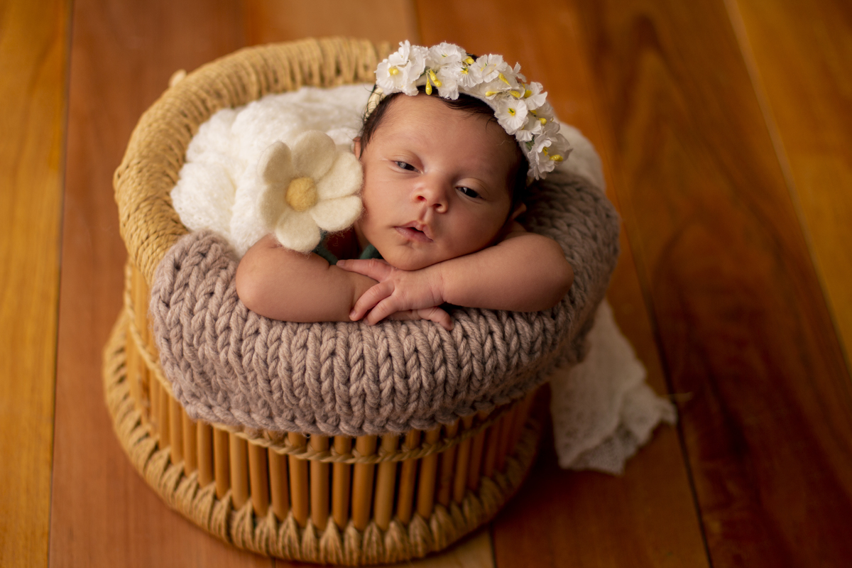 newborn coberto no balde com tiara e flor