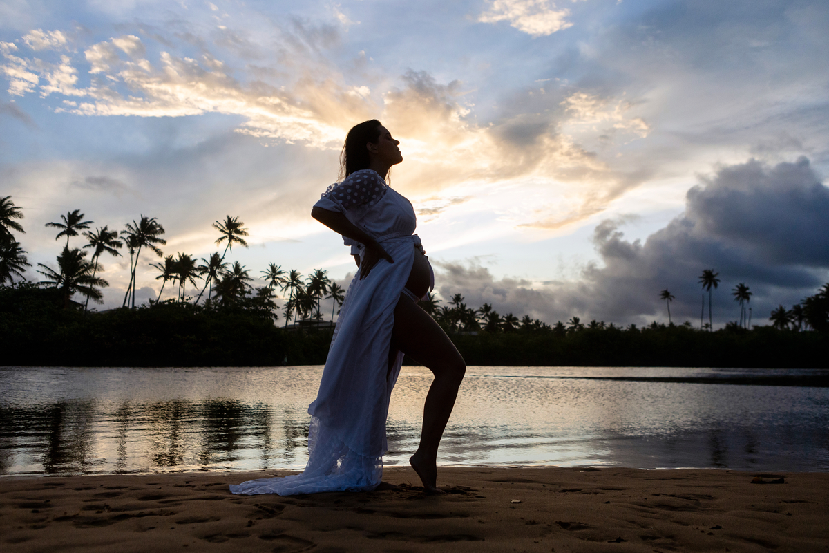 silhueta de gestante com mão na cintura e outra na barriga do lago