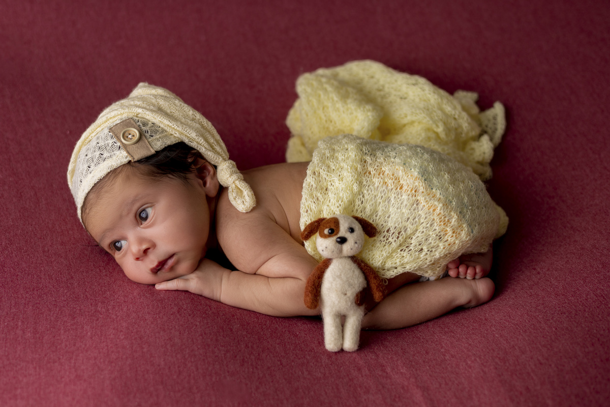 newborn de bruços de gorro e com ursinho