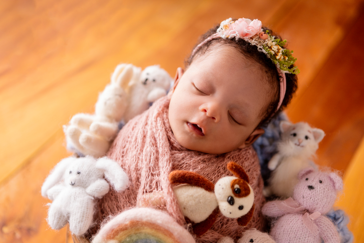 wrap newborn rosa e props balde com ursinhos