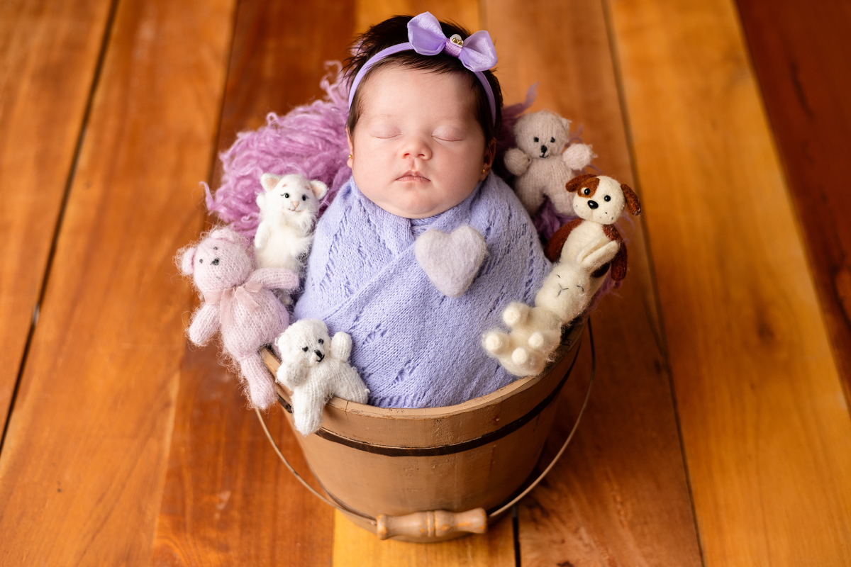 wrap newborn lilás e props balde com ursinhos