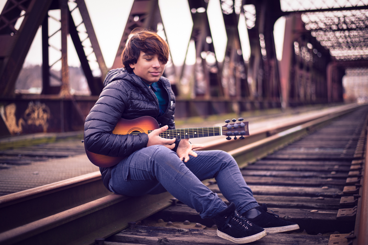 boy teenage 16 years  guitar photography bridge train Connecticut