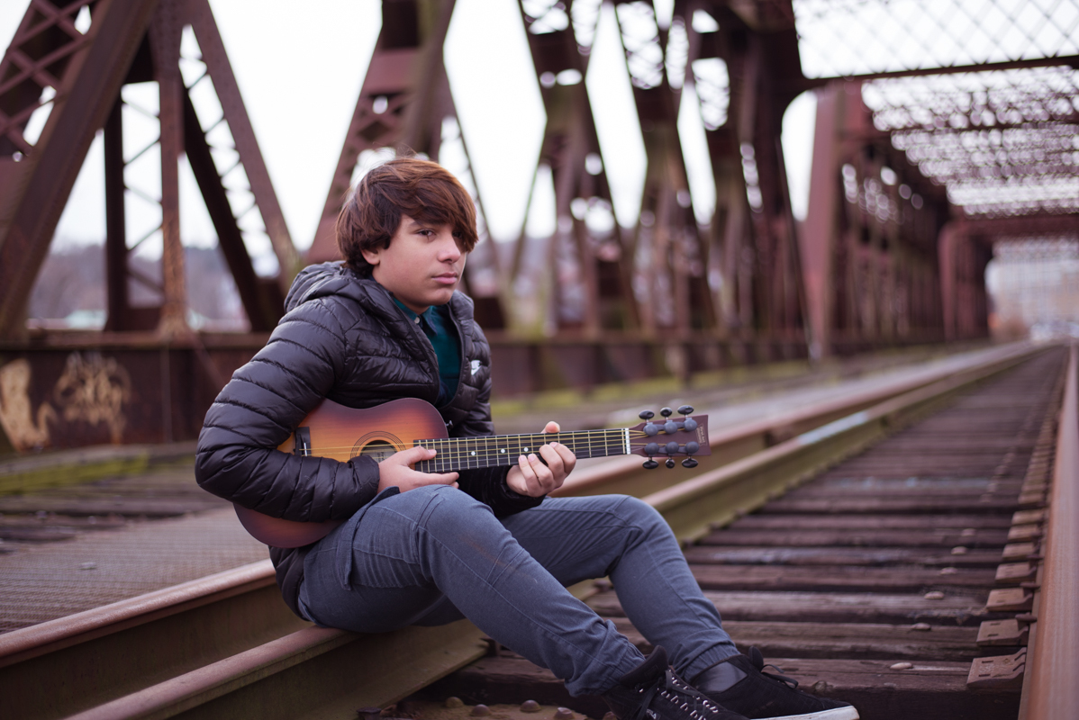 boy teenage 16 years  guitar photography bridge train Connecticut