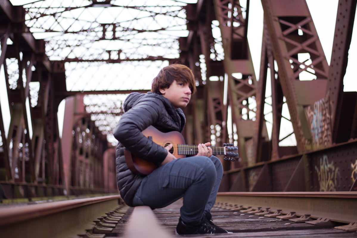 boy teenage 16 years  guitar photography bridge train Connecticut
