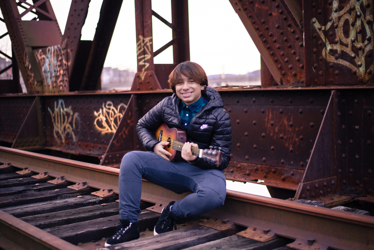 boy teenage 16 years  guitar photography bridge train Connecticut