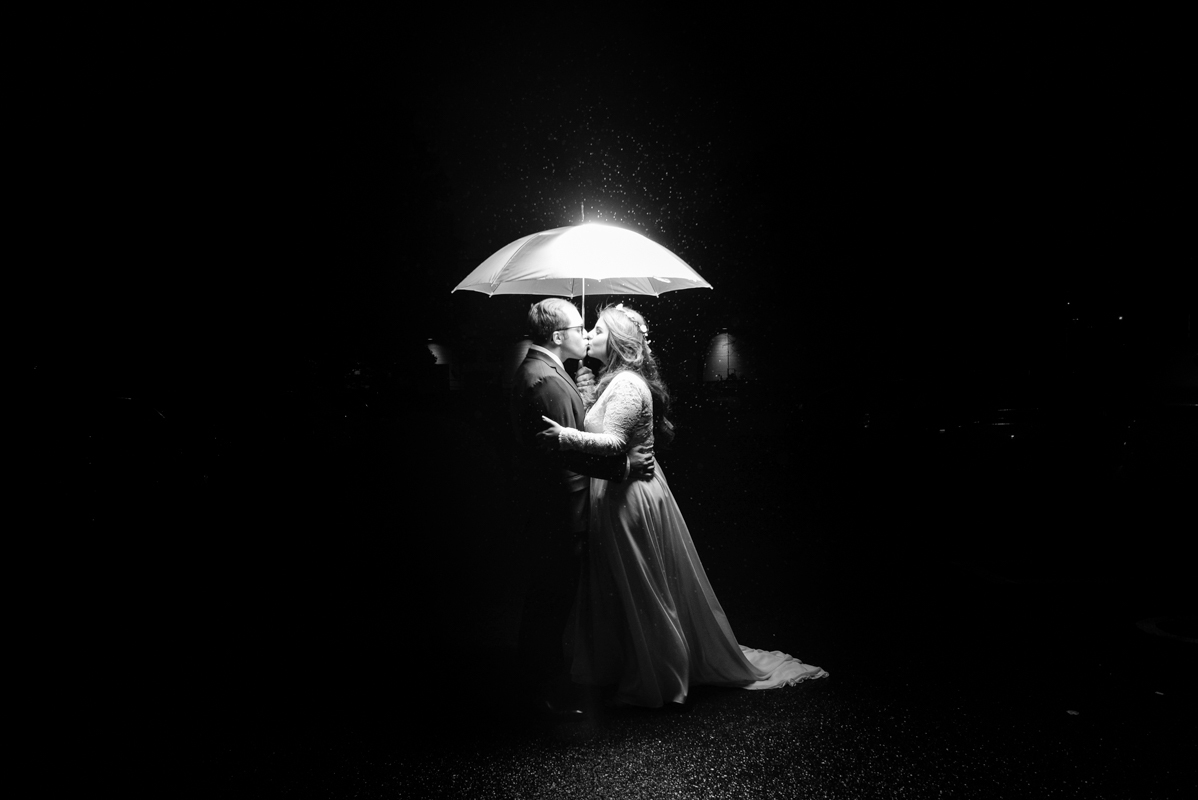 wedding bride and groom umbrella flash Connecticut photo