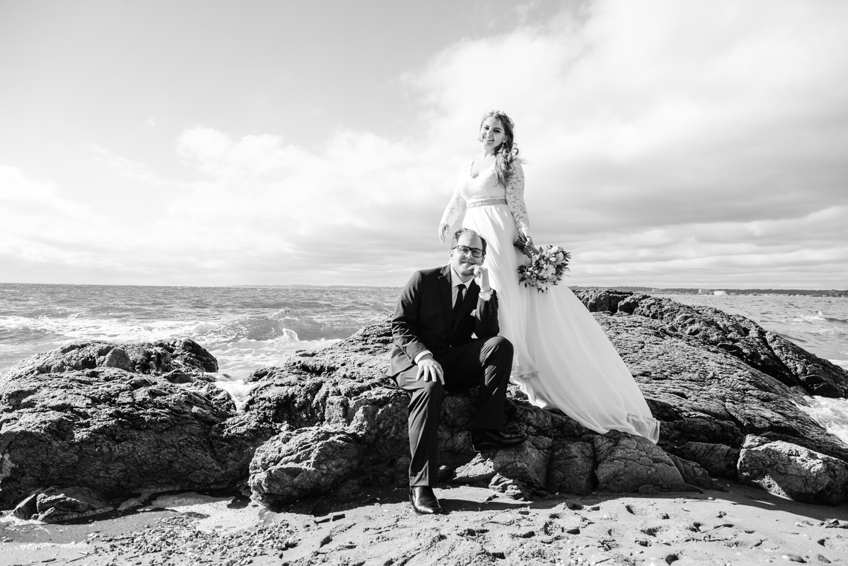 wedding bride and groom lighthouse beach black and white Connecticut 