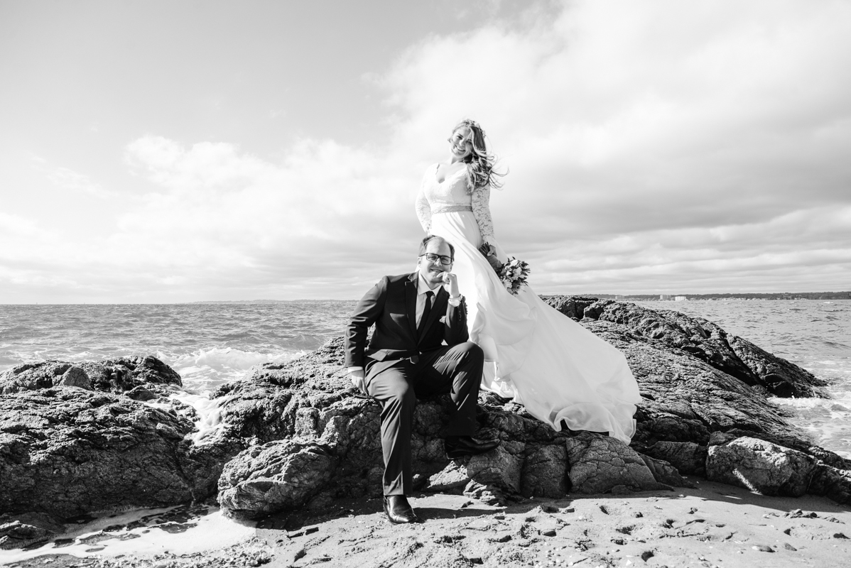 wedding bride and groom lighthouse beach black and white Connecticut 