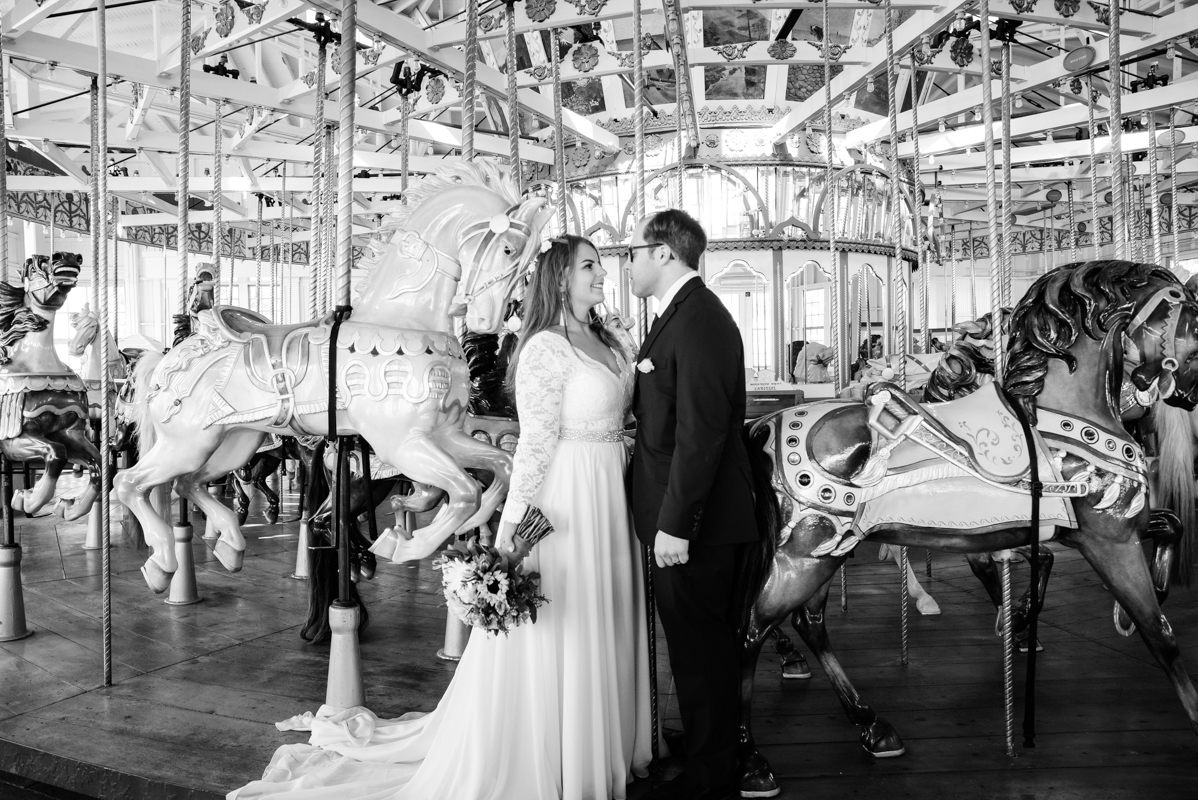 wedding bride and groom  carousel black and white new haven Connecticut 