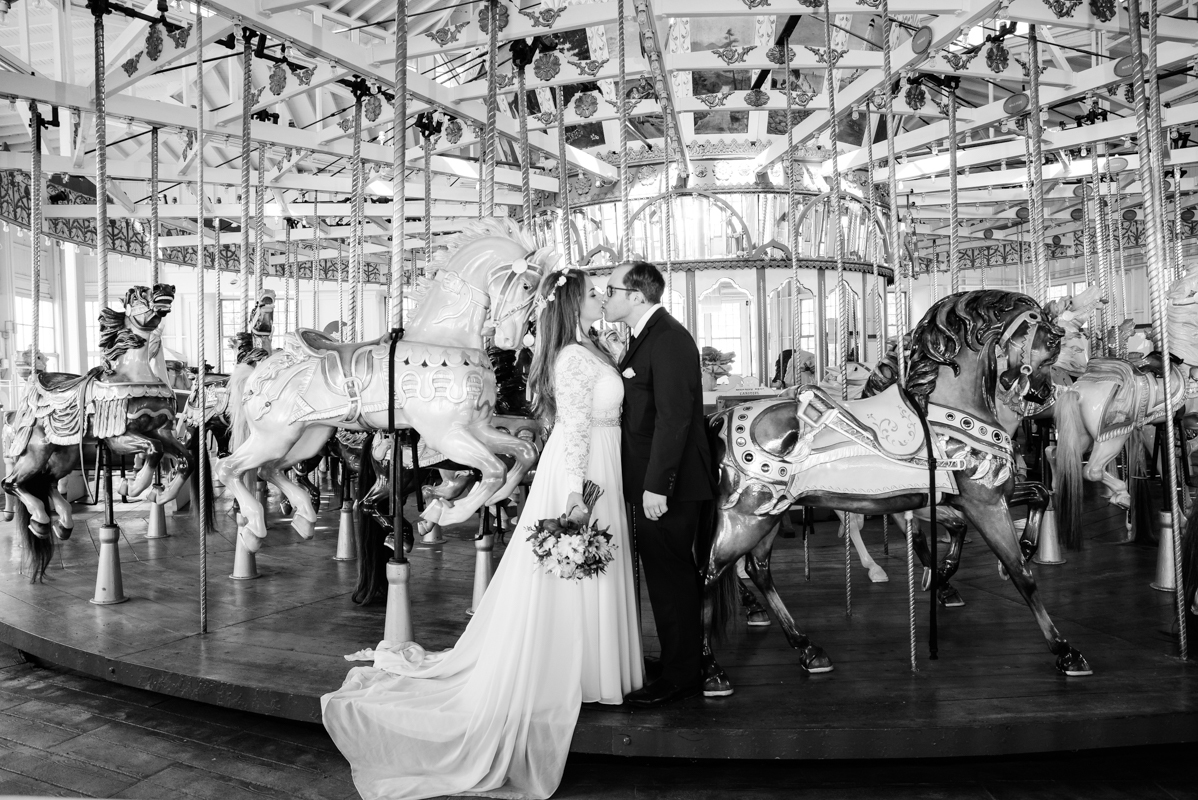wedding bride and groom  carousel black and white new haven Connecticut 