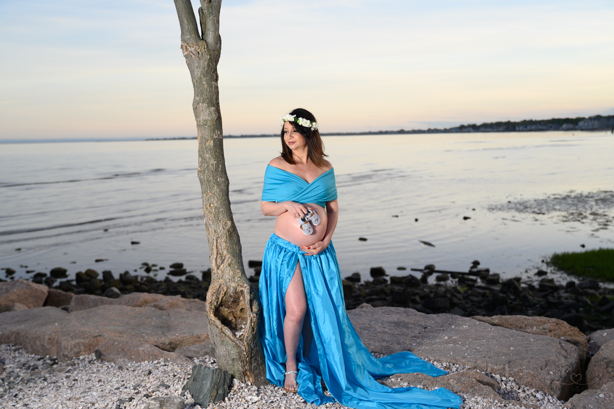 Maternity photoshoot CT
 blue skirt beach Milford, CT Silver sand state park