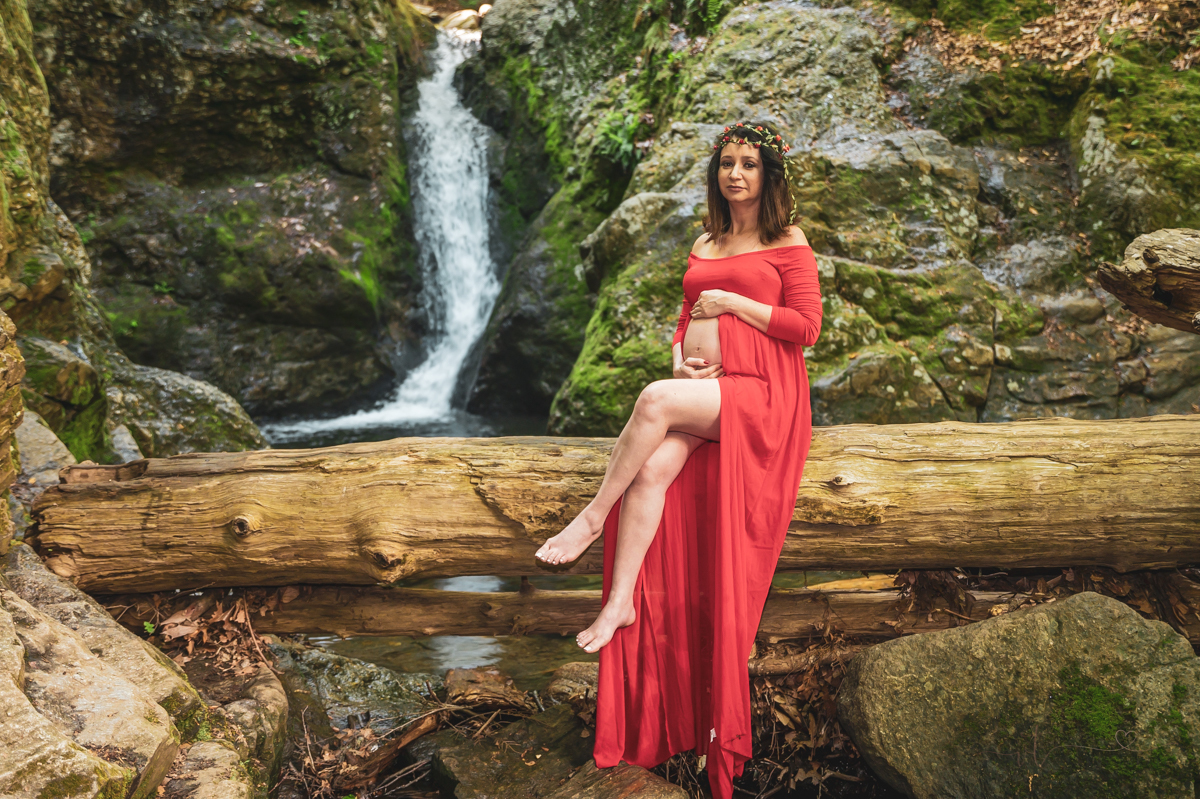 Vanessa Trettel Maternity photo CT red dress waterfall shelton, CT Indian Well