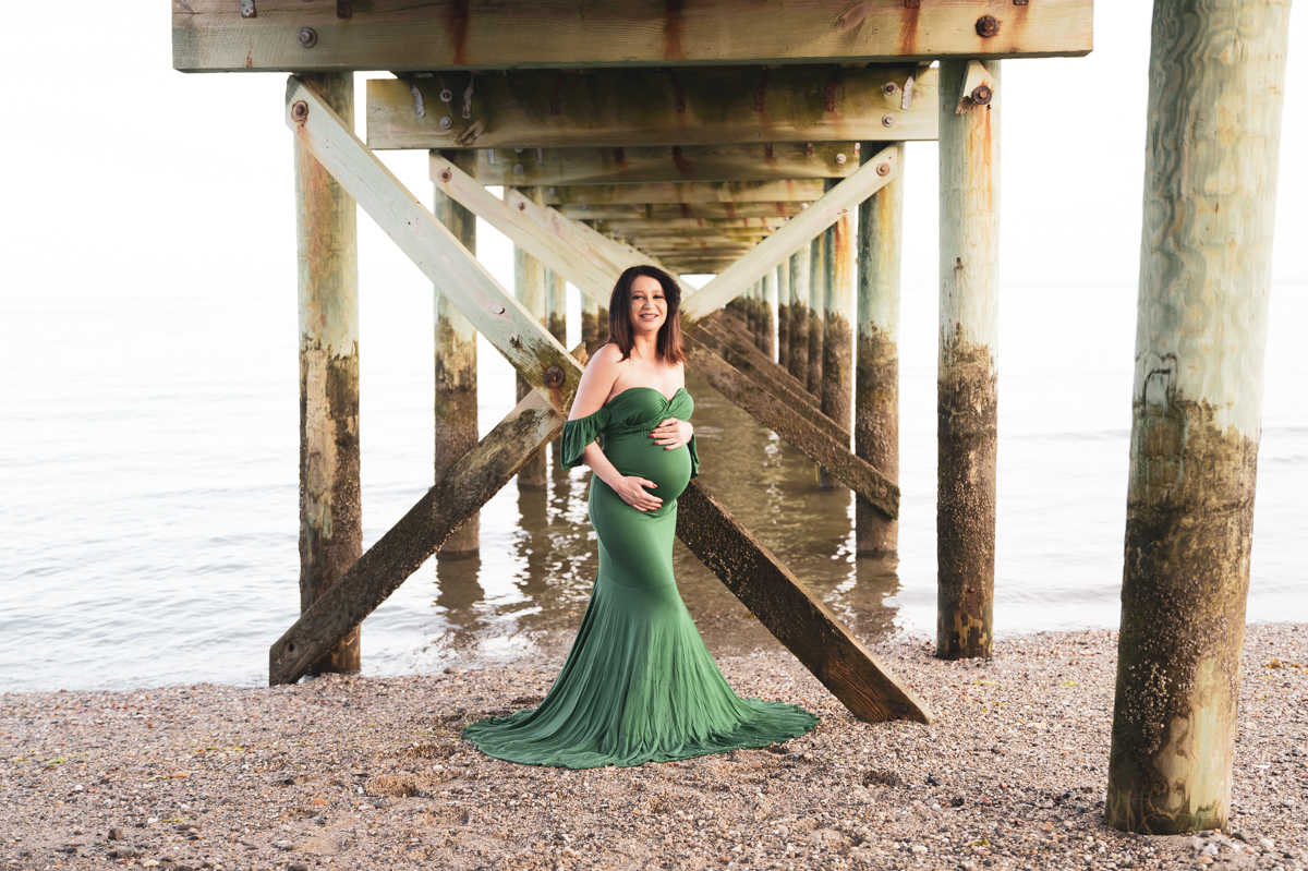 Vanessa Trettel photography Maternity photoshoot CT green dress beach Milford, CT Silver sand state park