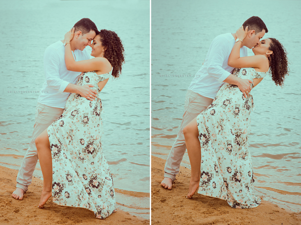 noivos se beijando na praia