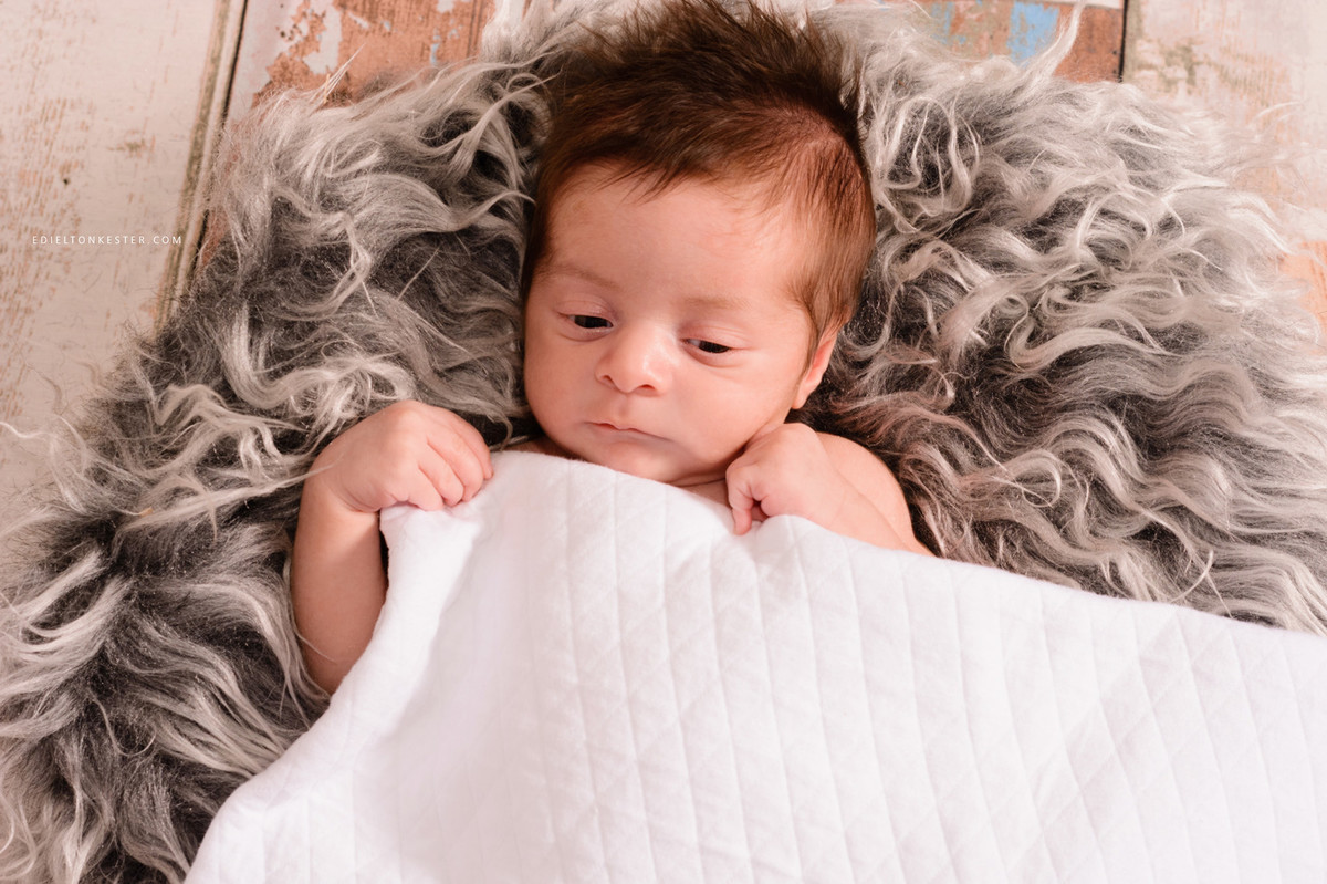 nenem deitado em ensaio newborn segurando o cobertor