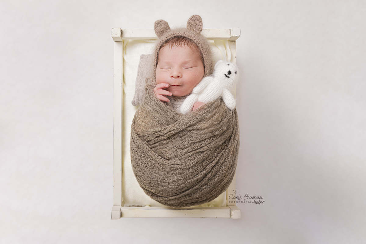 newborn pedro com no bercinho com ursinho