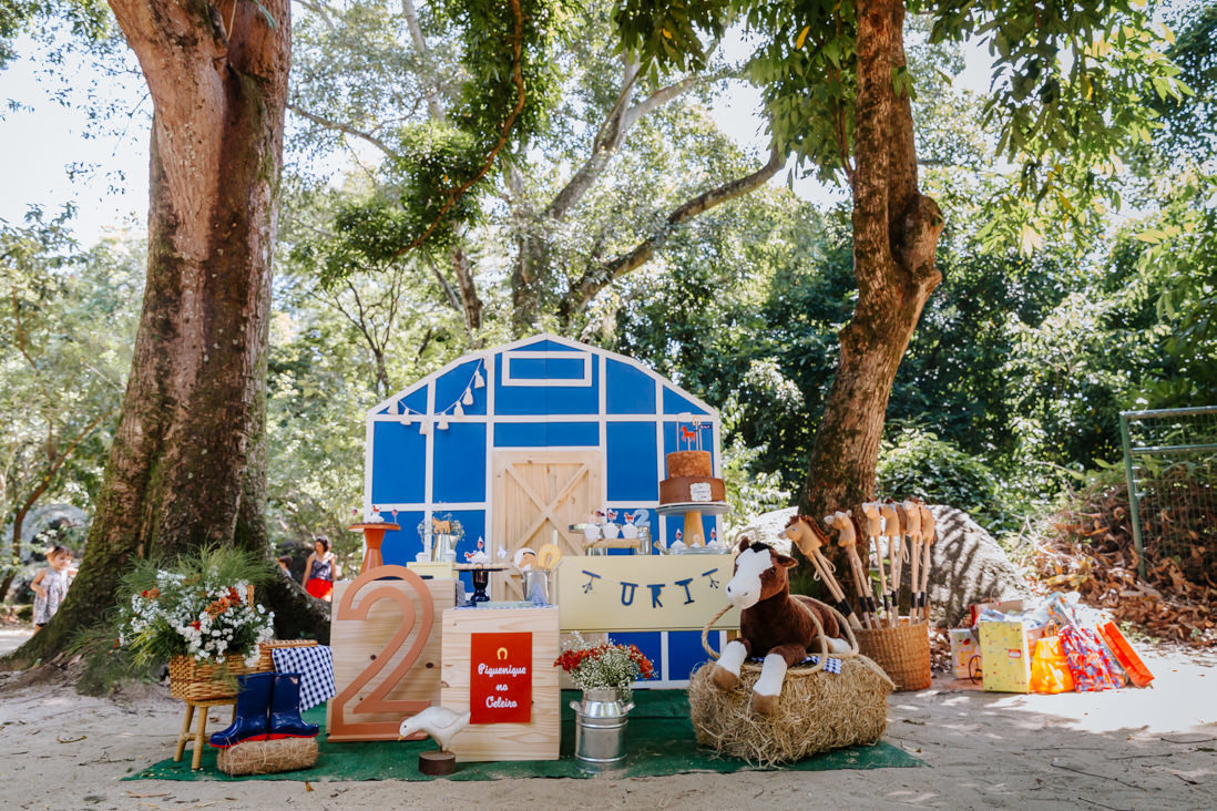 foto plano aberto da decoração da mesa do bolo de festa tema pequenique no celeiro no parque estadual do grajau rj