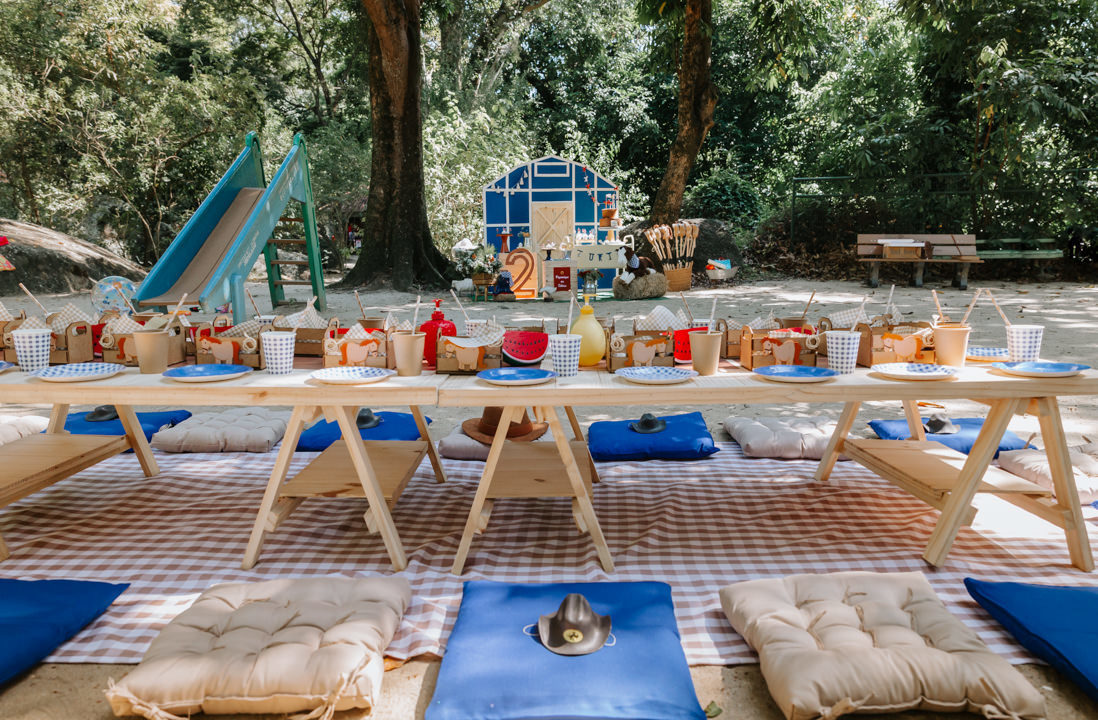 mesa baixa em pinus decorada em tons de azul e marrom para festa infantil para hora do lanchinho