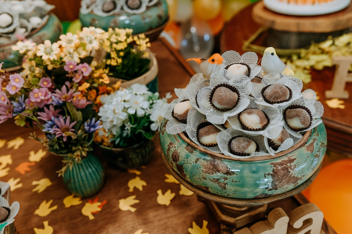 Fotografia de detalhes da decoração dos docinhos da mesa do bolo de festa infantil de gêmeos tema passarinhos