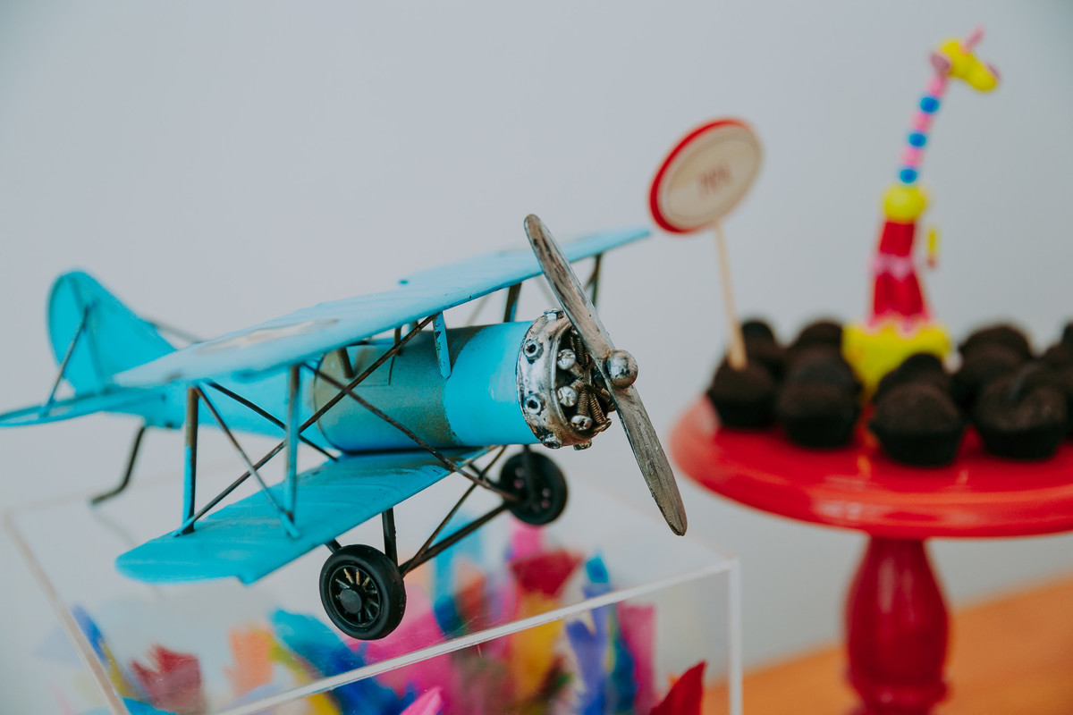 fotografia de aviao azul de lata em detalhe da decoração de festa infantil