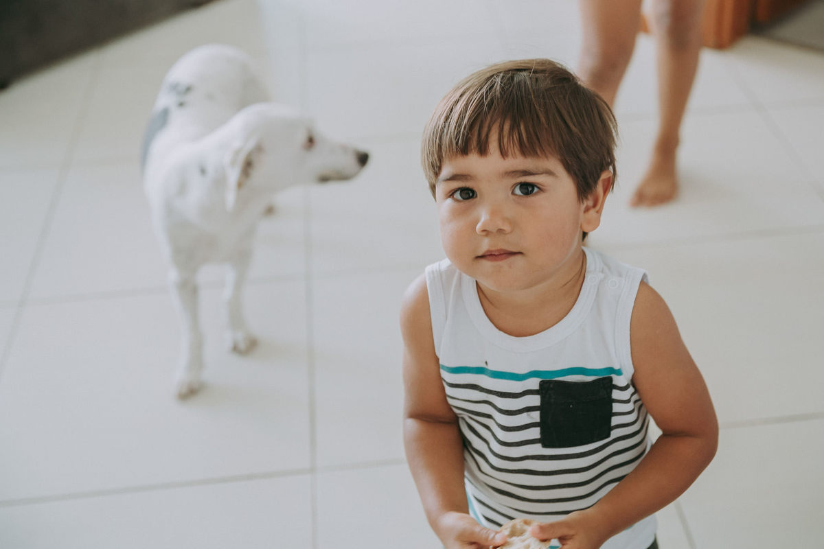 foto de menino olhando pra câmera e atras dele um cachorro branco