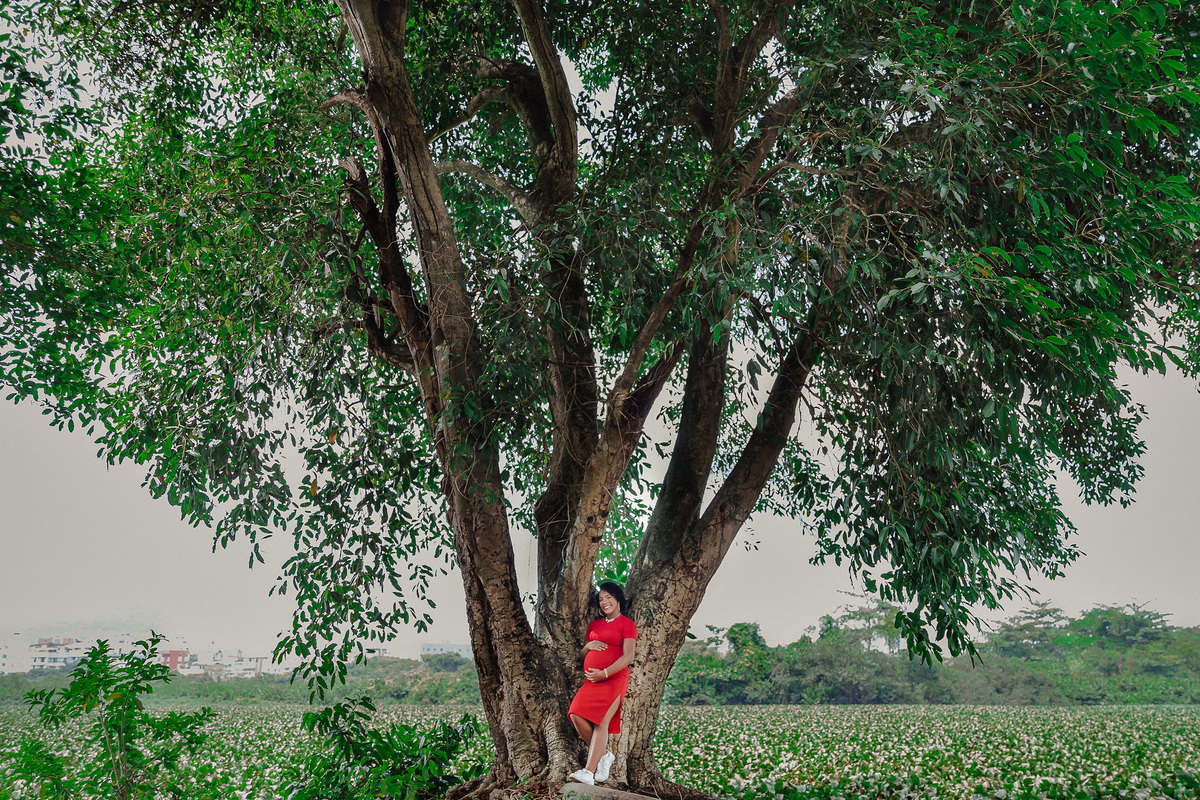 gestante de vestido vermelho apoiada em uma enorme árvore no parque chico mendes no rj durante seu ensaio gestante