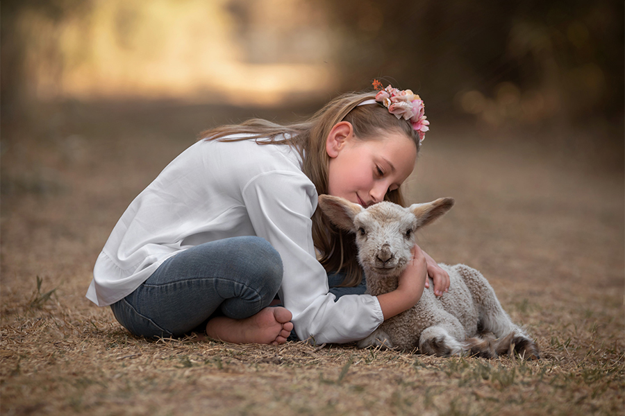 Niña con remera blanca besando al corderito para la sesión de fotos de Barby Massei. Santa Fe.