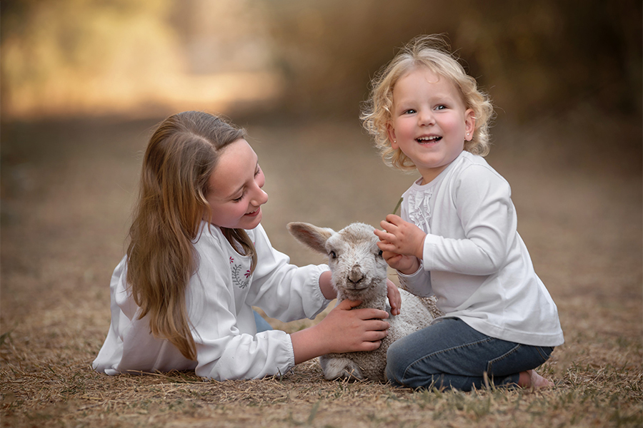 Niñas haciendo fotos en San José de la Esquina. Jugando con corderito en el campo. Barby Massei fotografía.