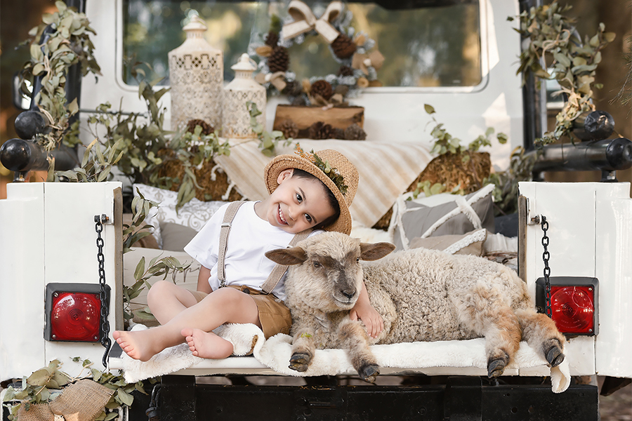 Niño en sesión navideña. Fotos para el book de navidad con animalito de granja. Tonos tierra en este atardecer en el campo. Barby Massei foto