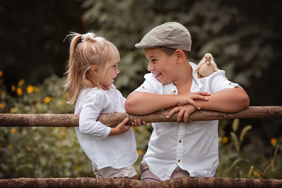 Niños y pollitos en el atardecer en el campo para la sesión de fotos . Book familiar con Barby Massei. 