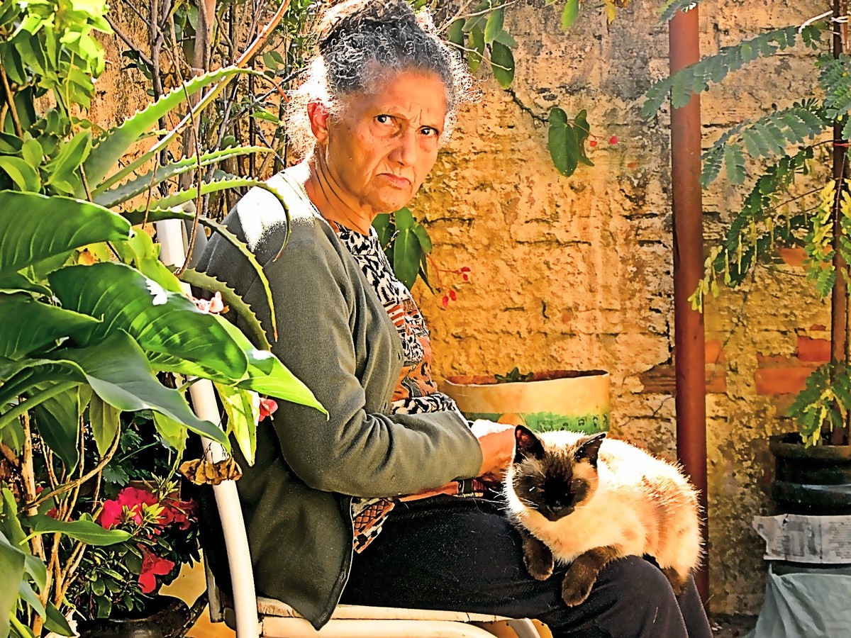 A senhora de cabelos brancos, sentada, observa atentamento a câmera fazer o clique. No seu olhar pensamentos passeiam e, com um gato no colo, deixa o tempo seguir o seu curso.