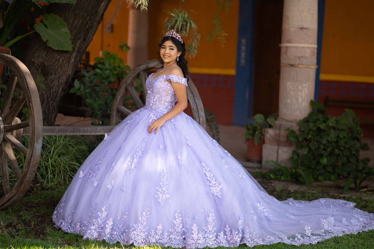 Sesión campestre de XV años: quinceañera con vestido lila entre plantas